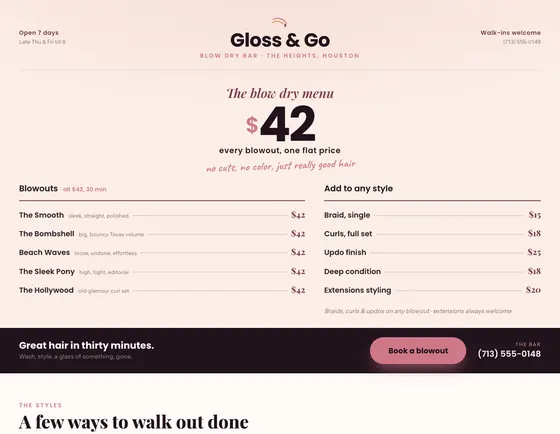 Gloss & Go, Blow dry bar, Houston. A sample site from our studio.