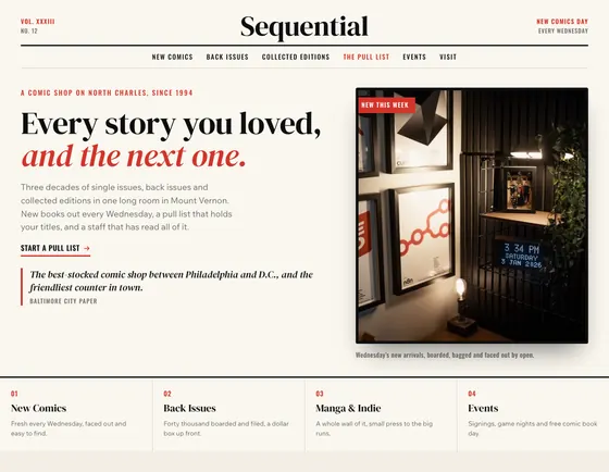 Sequential, Comic shop, Baltimore. A sample site from our studio.