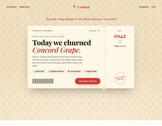 Cardinal, Ice cream parlor, Ithaca. A sample site from our studio.