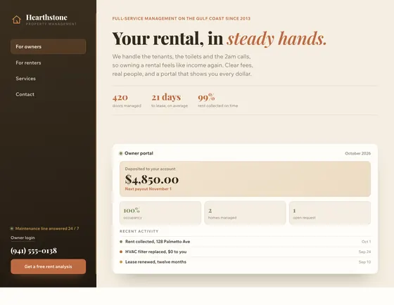 Hearthstone, Property management, Sarasota. A sample site from our studio.