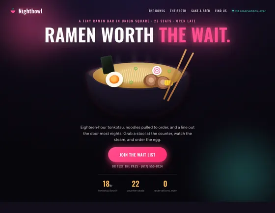 Nightbowl, Ramen bar, Somerville. A sample site from our studio.