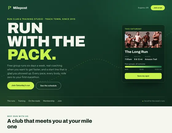 Milepost, Run club & training, Eugene. A sample site from our studio.