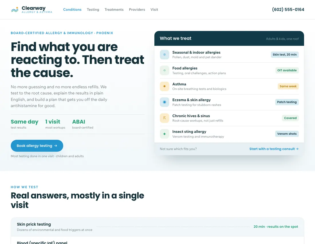 Home page of Clearway Allergy & Asthma, an example site for allergy & asthma clinic in Phoenix
