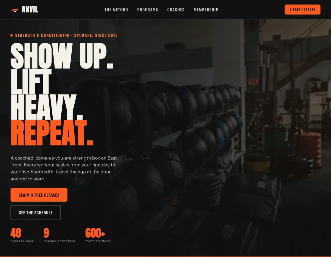 Home page of Anvil, an example site for functional fitness & strength in Spokane
