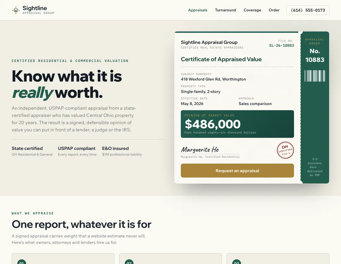 Home page of Sightline Appraisal Group, an example site for real estate appraisal firm in Columbus