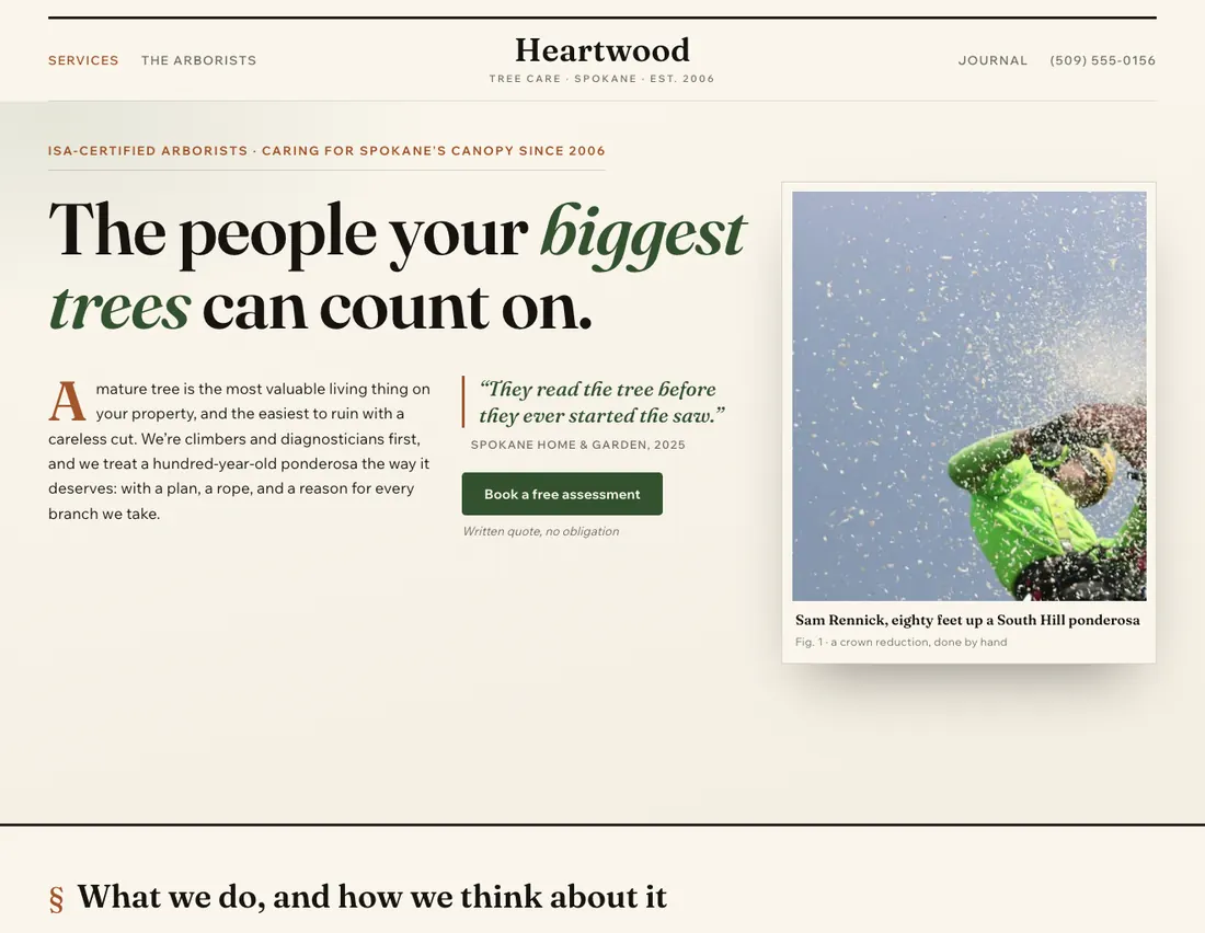 Home page of Heartwood Tree Care, an example site for arborist / tree care in Spokane