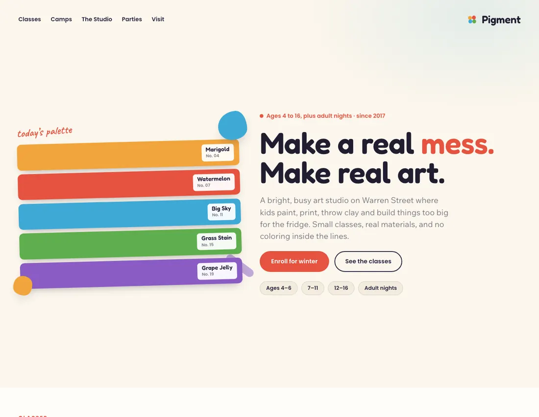 Pigment, kids’ art studio in Hudson: the home page DEVIQO designed and wrote for it