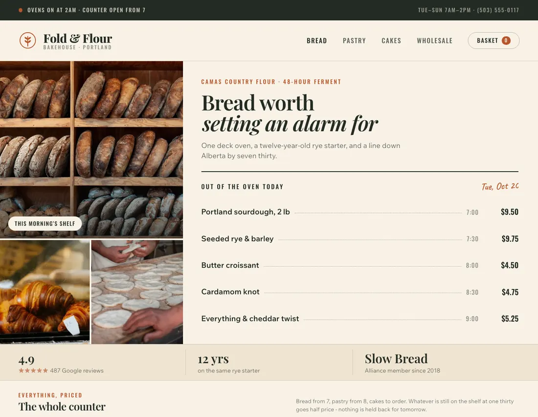 Home page of Fold & Flour, an example site for artisan bakery in Portland