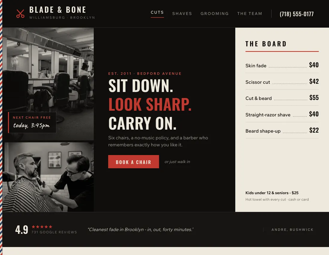 Home page of Blade & Bone, an example site for barbershop in Williamsburg