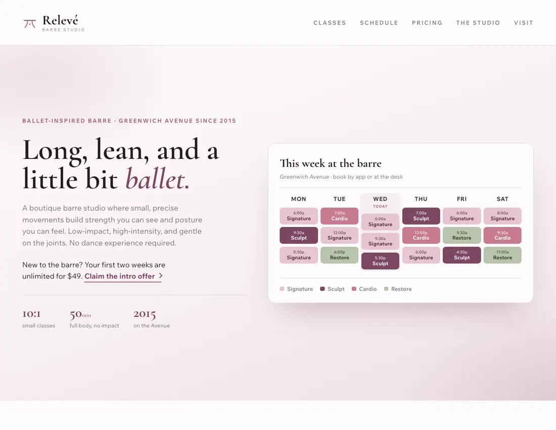 Home page of Relevé, an example site for barre studio in Greenwich