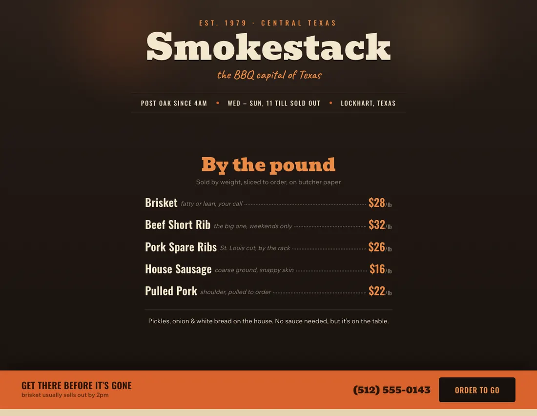 Home page of Smokestack, an example site for texas BBQ in Lockhart