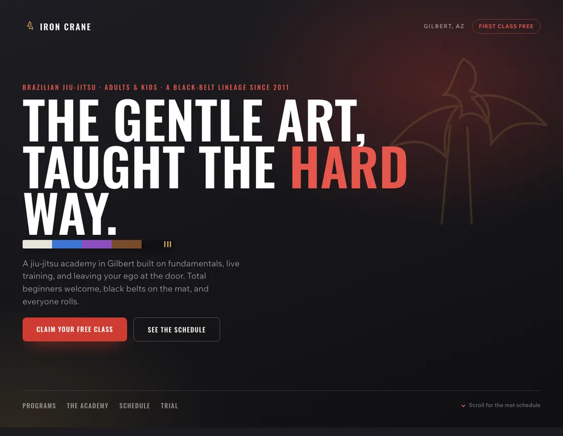 Home page of Iron Crane, an example site for jiu-jitsu academy in Gilbert