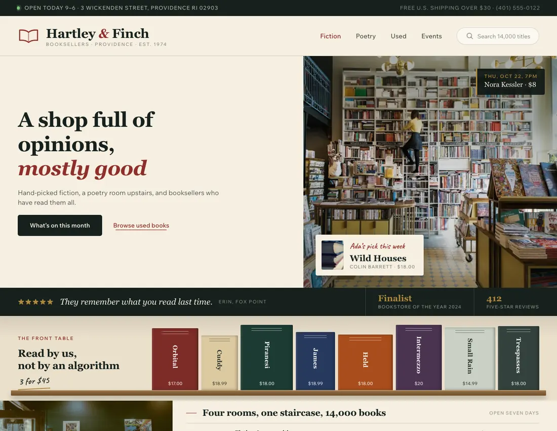 Home page of Hartley & Finch, an example site for independent bookstore in Providence