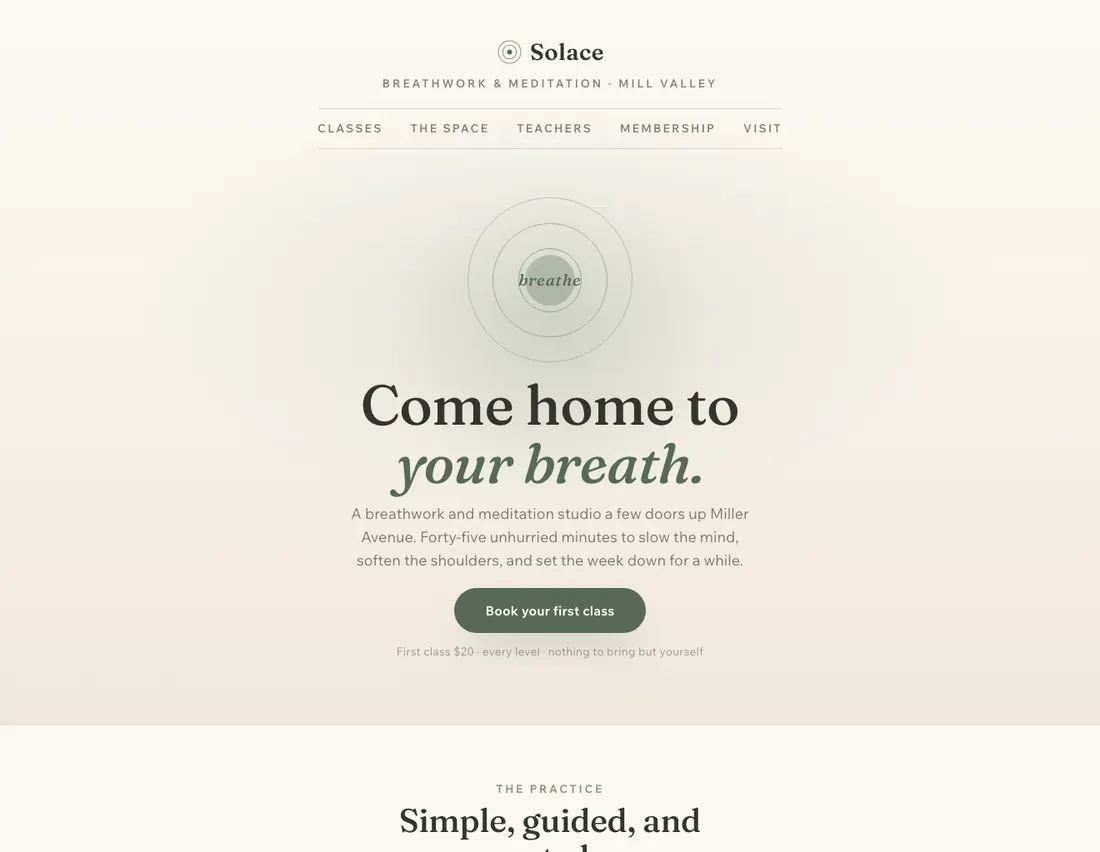 Solace, breathwork & meditation in Mill Valley: the home page DEVIQO designed and wrote for it