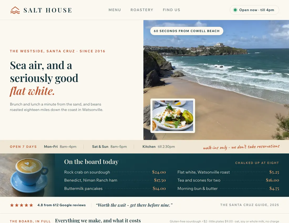 Salt House, coastal café in Santa Cruz: the home page DEVIQO designed and wrote for it