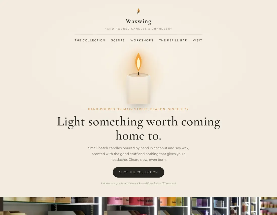 Home page of Waxwing, an example site for candle shop & chandlery in Beacon