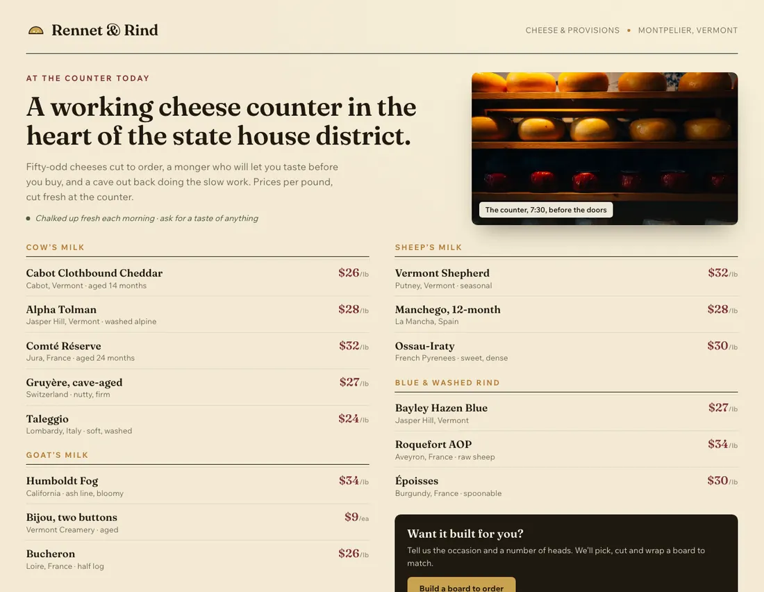 Home page of Rennet & Rind, an example site for cheesemonger in Montpelier
