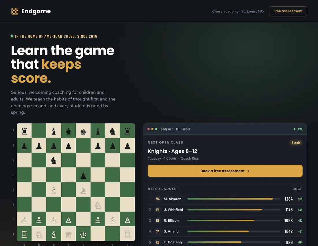 Home page of Endgame, an example site for chess academy in St. Louis
