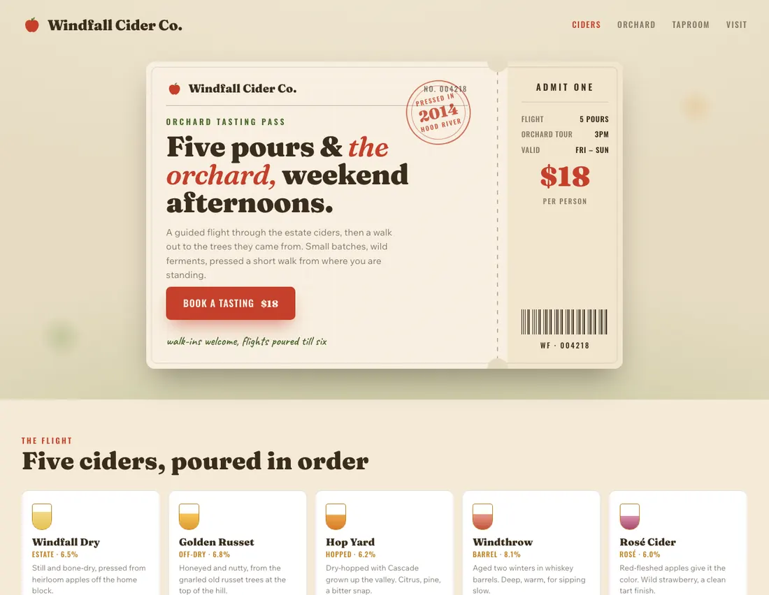Home page of Windfall Cider Co., an example site for cidery & taproom in Hood River