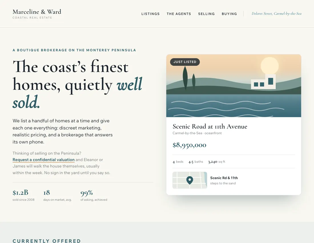 Marceline & Ward, coastal real estate in Carmel: the home page DEVIQO designed and wrote for it