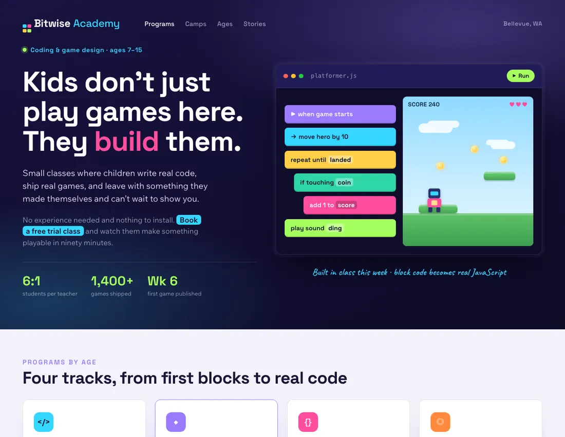 Home page of Bitwise Academy, an example site for kids coding & game-design academy in Bellevue
