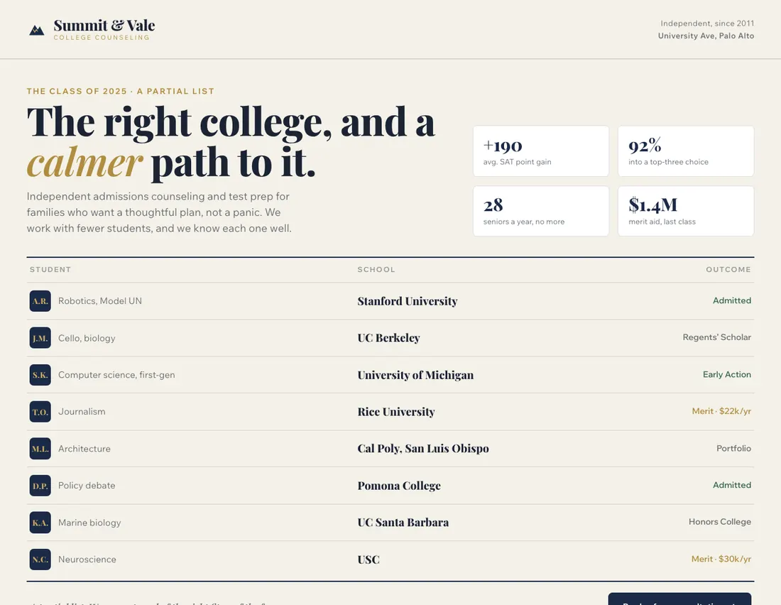 Summit & Vale, college admissions & test prep in Palo Alto: the home page DEVIQO designed and wrote for it