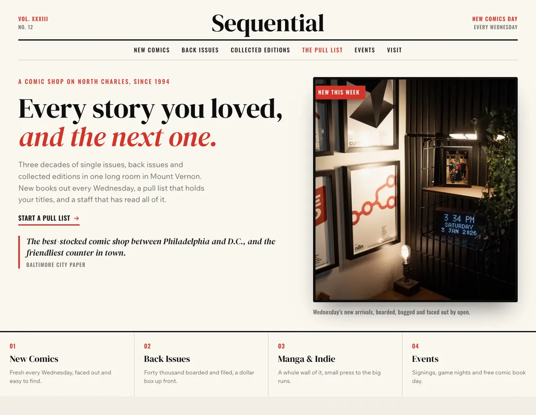 Home page of Sequential, an example site for comic shop in Baltimore