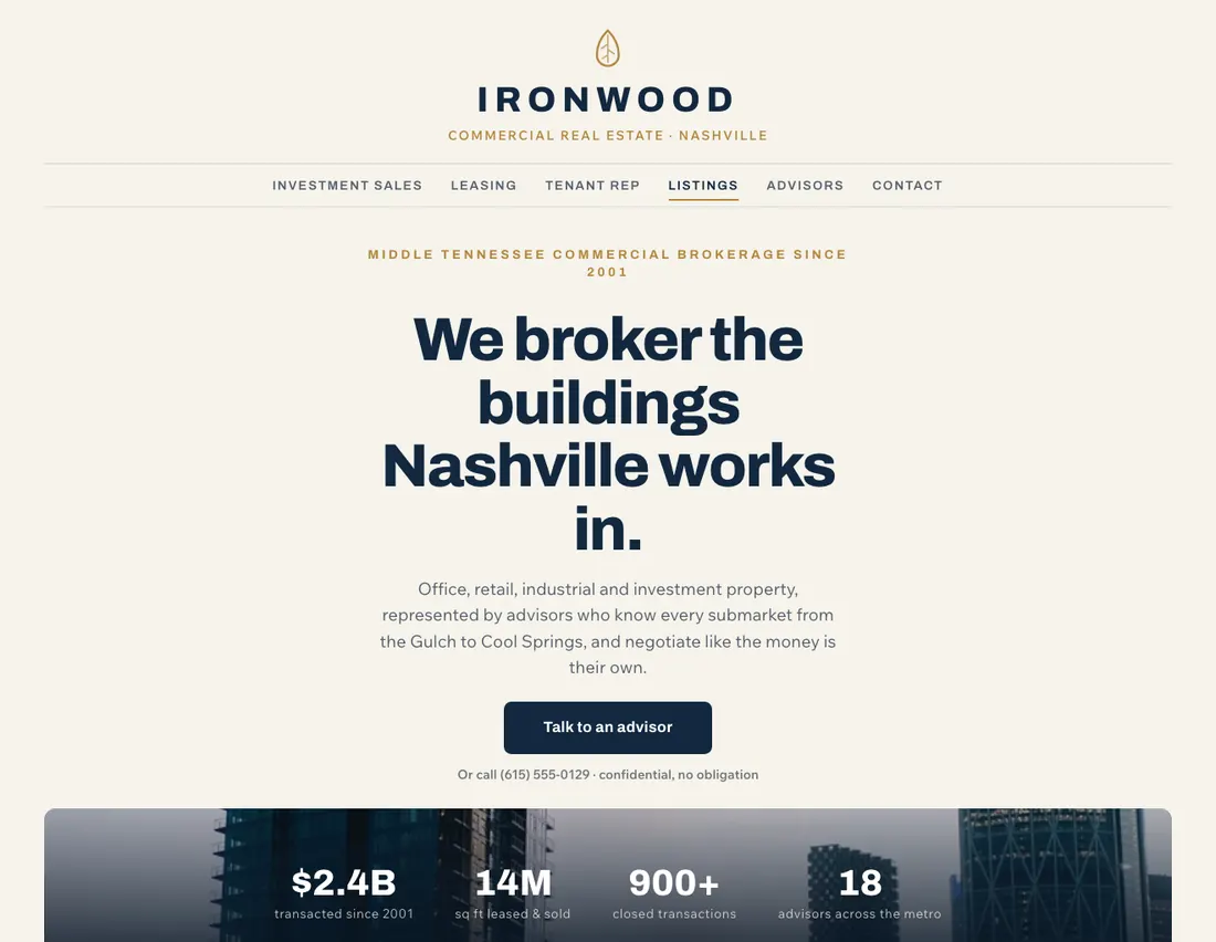 Ironwood Commercial, commercial real estate brokerage in Nashville: the home page DEVIQO designed and wrote for it