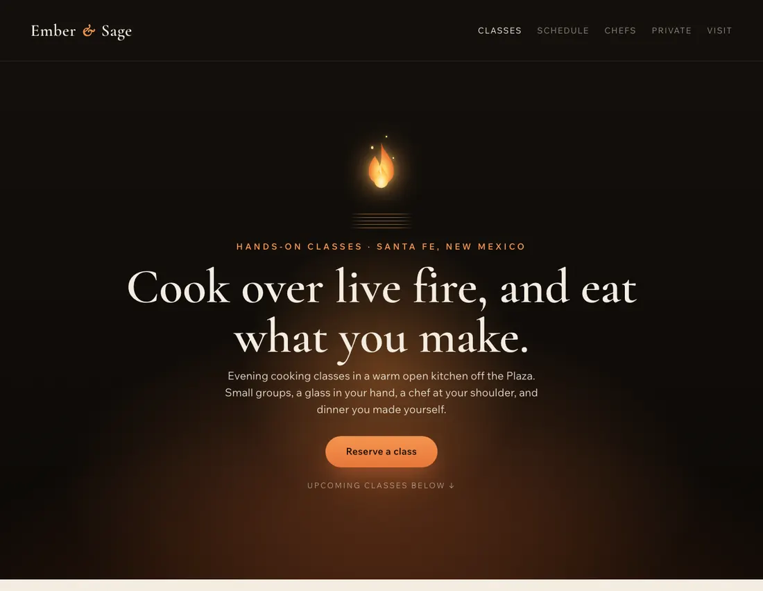Home page of Ember & Sage Cooking School, an example site for recreational cooking school in Santa Fe