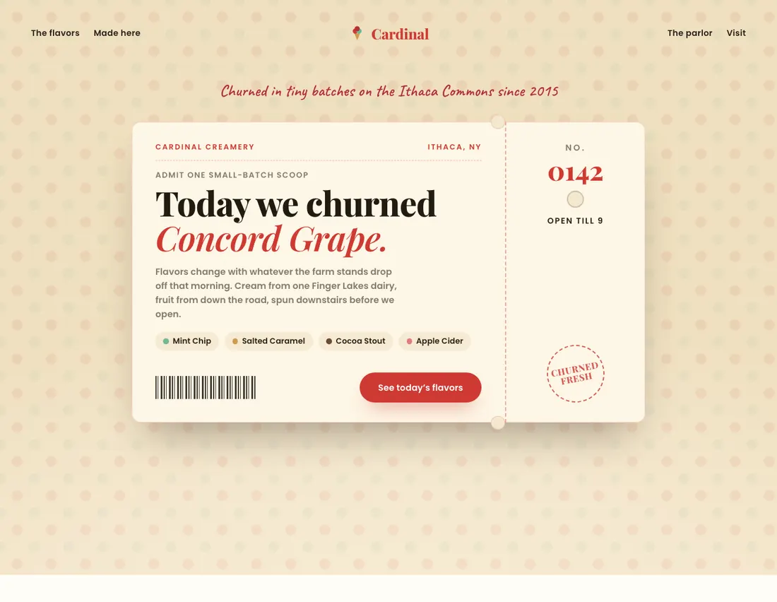 Home page of Cardinal, an example site for ice cream parlor in Ithaca