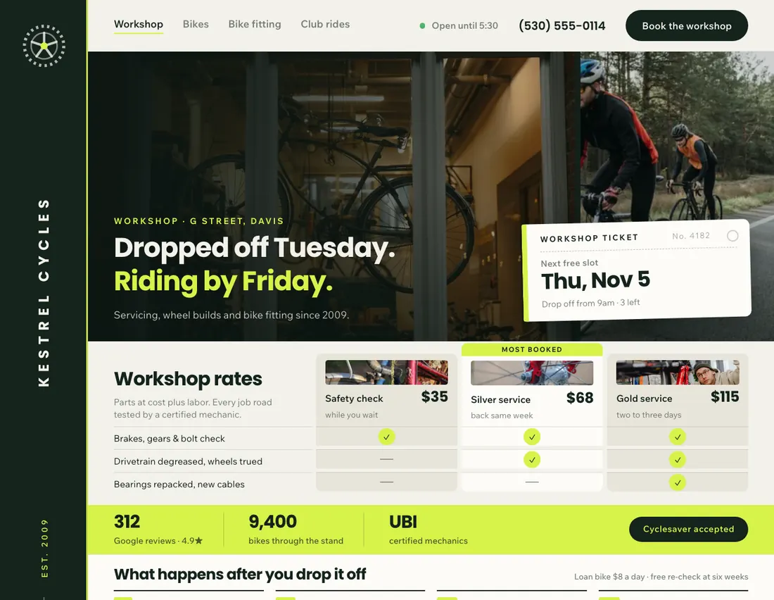 Kestrel Cycles, bike shop & workshop in Davis: the home page DEVIQO designed and wrote for it