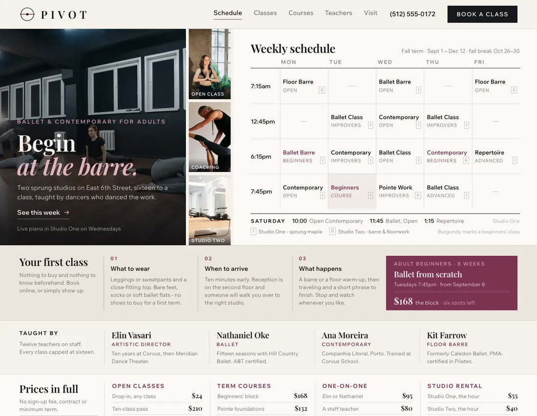 Home page of Pivot, an example site for dance studio in Austin