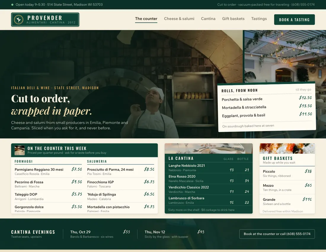 Home page of Provender, an example site for italian deli & wine in Madison