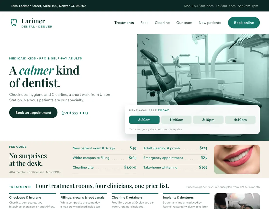 Home page of Larimer Dental, an example site for dental practice in Denver