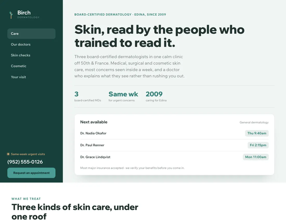 Home page of Birch, an example site for dermatology & skin in Edina