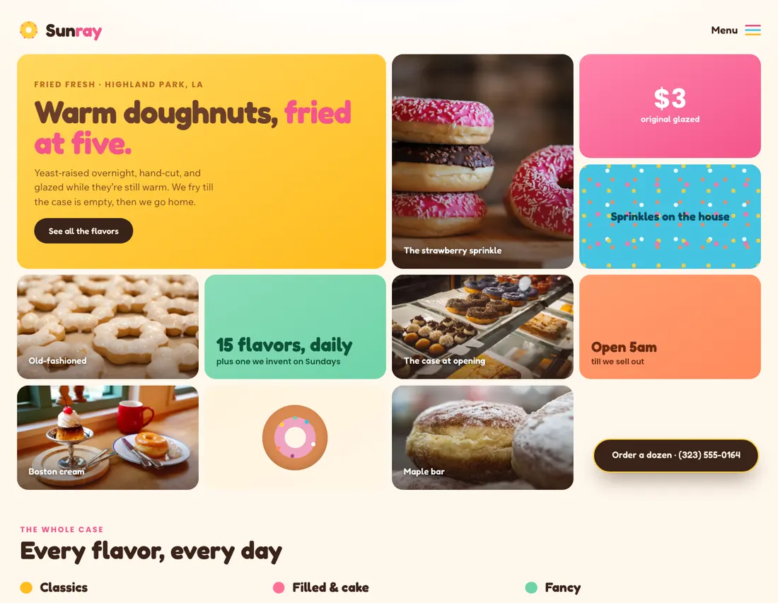 Home page of Sunray Doughnuts, an example site for doughnut shop in Los Angeles