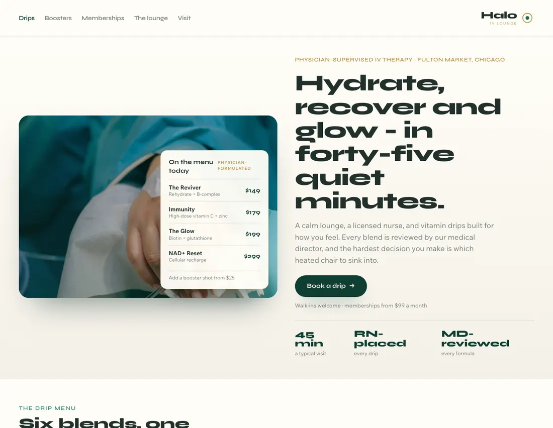 Home page of Halo IV Lounge, an example site for IV therapy & wellness lounge in Chicago