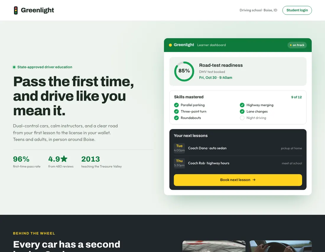 Home page of Greenlight Driving School, an example site for driving school in Boise