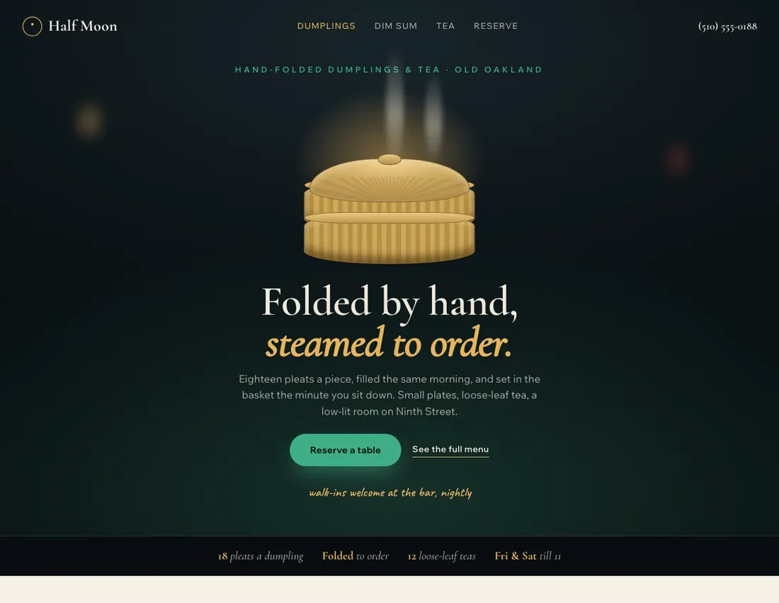 Home page of Half Moon, an example site for hand-folded dumpling bar in Oakland