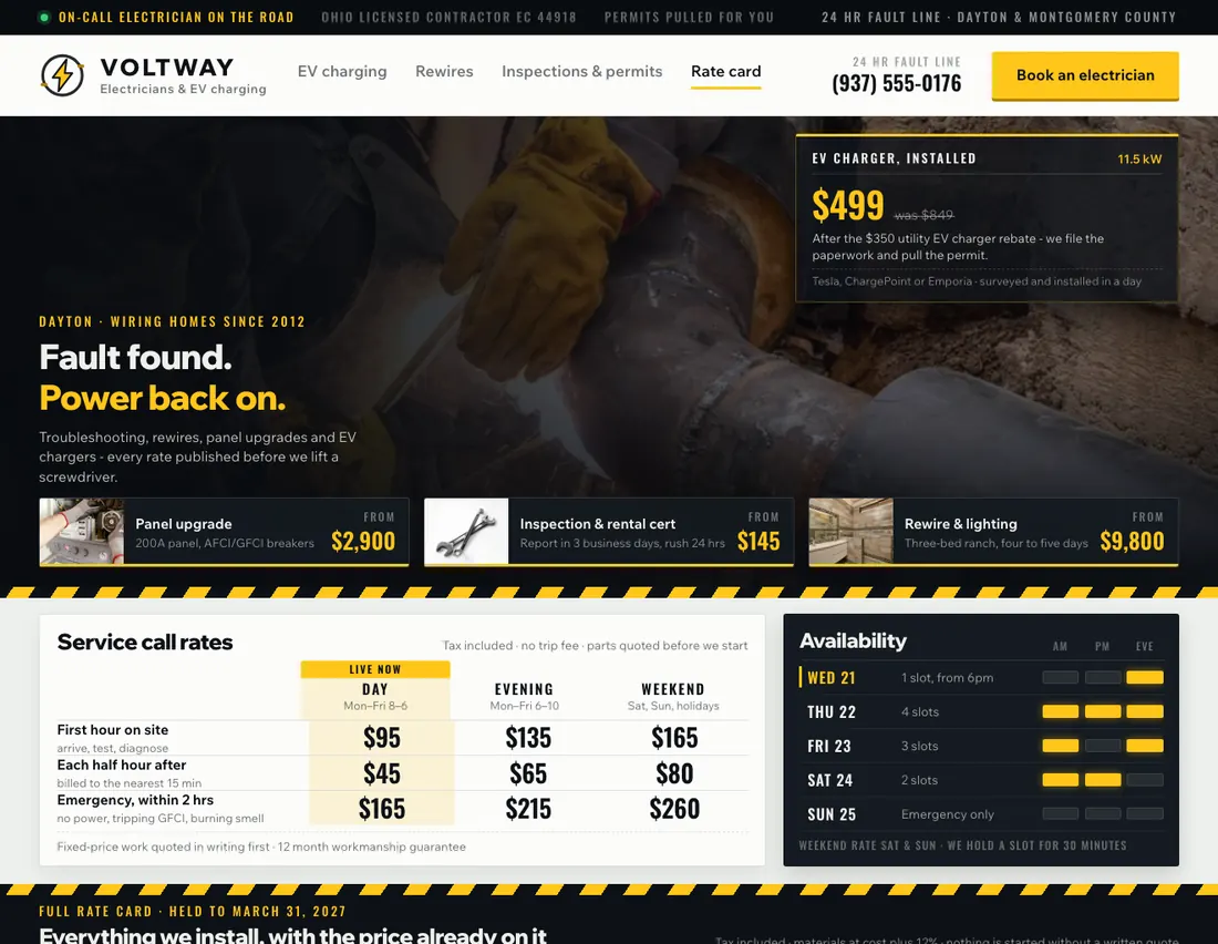 Home page of Voltway, an example site for electricians & EV charging in Dayton