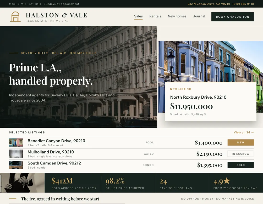 Halston & Vale, real estate agency in Beverly Hills: the home page DEVIQO designed and wrote for it