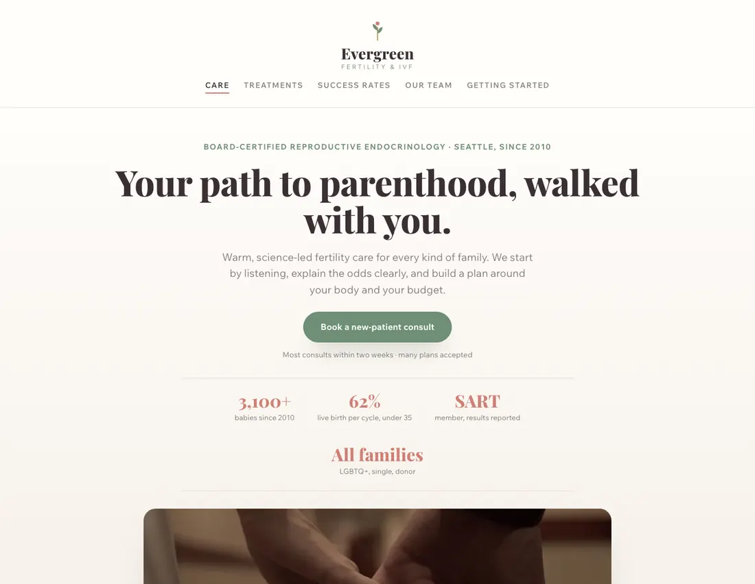 Home page of Evergreen Fertility & IVF, an example site for fertility & IVF clinic in Seattle
