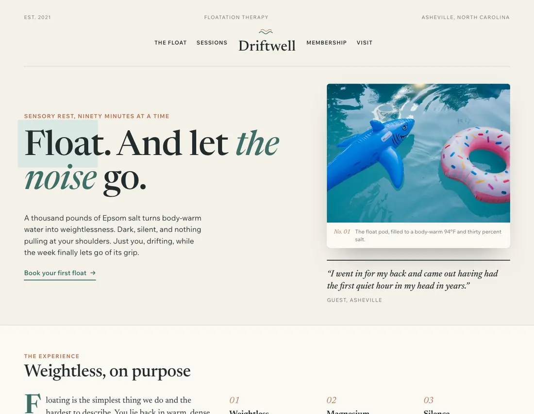 Home page of Driftwell Floatation Spa, an example site for floatation therapy spa in Asheville