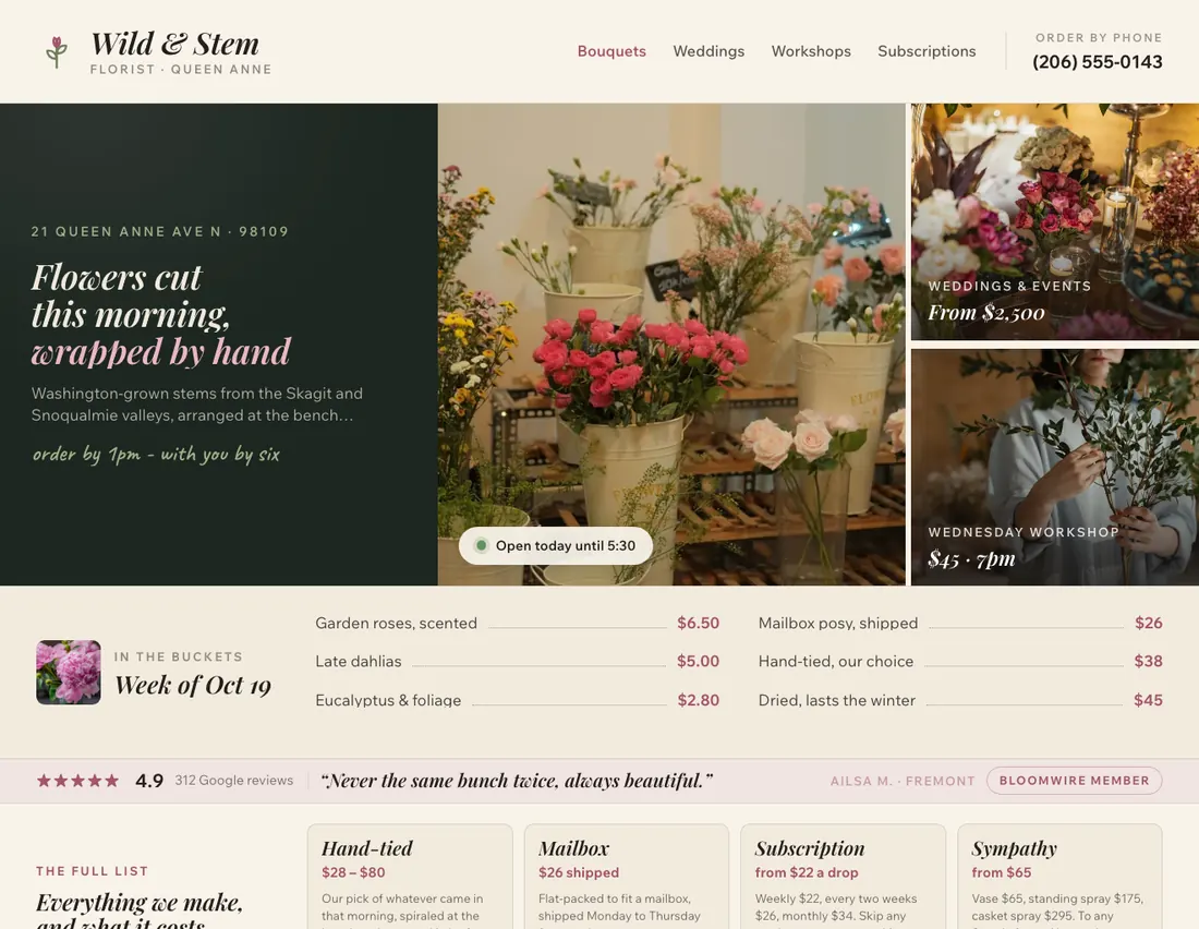 Wild & Stem, florist in Seattle: the home page DEVIQO designed and wrote for it