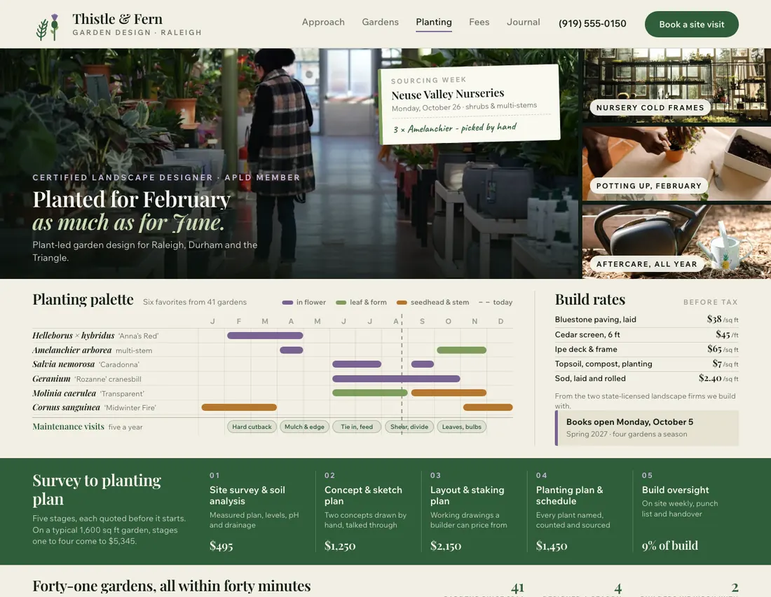 Home page of Thistle & Fern, an example site for garden design in Raleigh