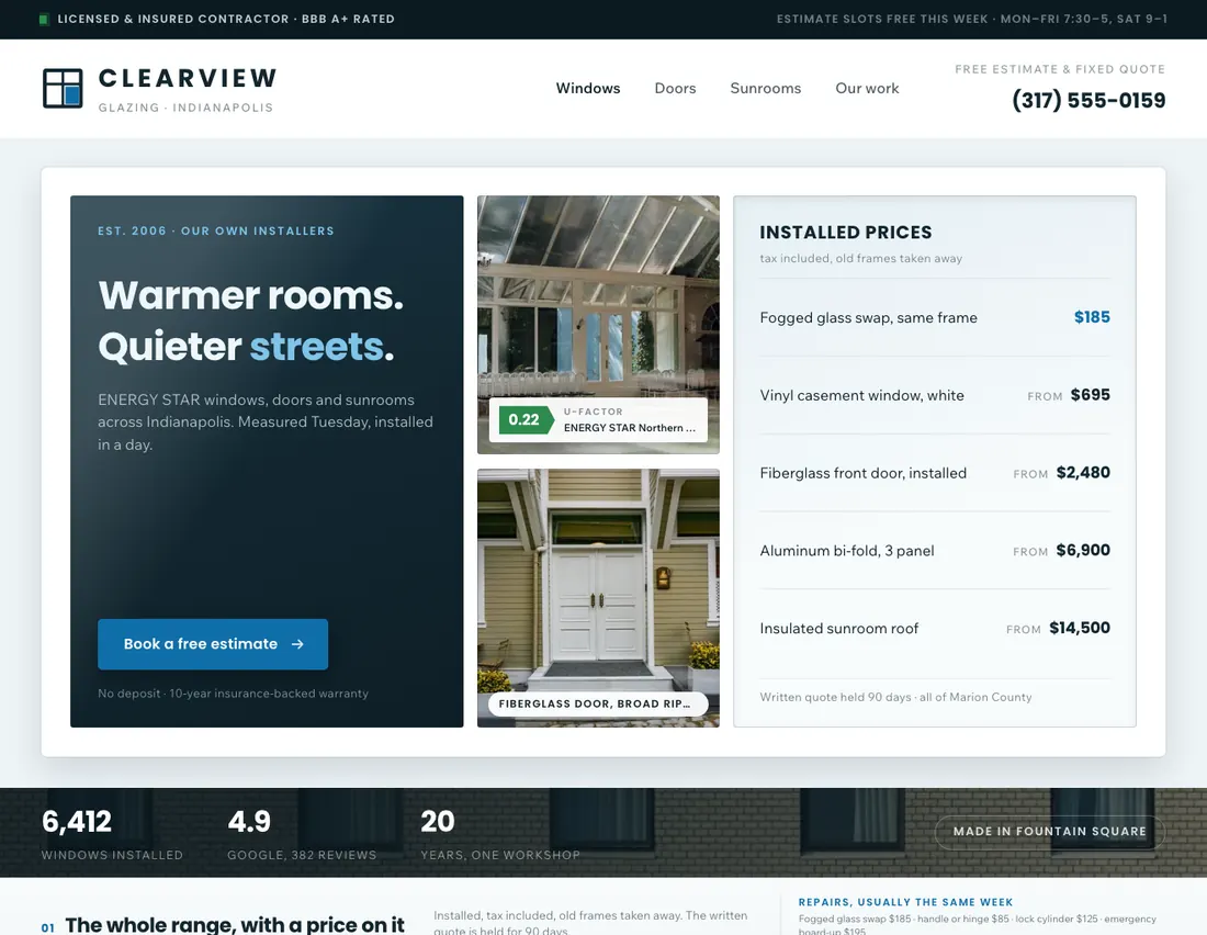 Home page of Clearview, an example site for windows & glazing in Indianapolis