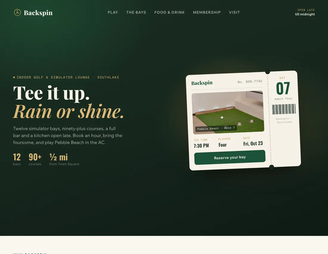 Backspin, indoor golf & simulator lounge in Southlake: the home page DEVIQO designed and wrote for it