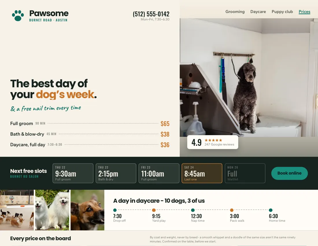 Home page of Pawsome, an example site for dog grooming & daycare in Austin