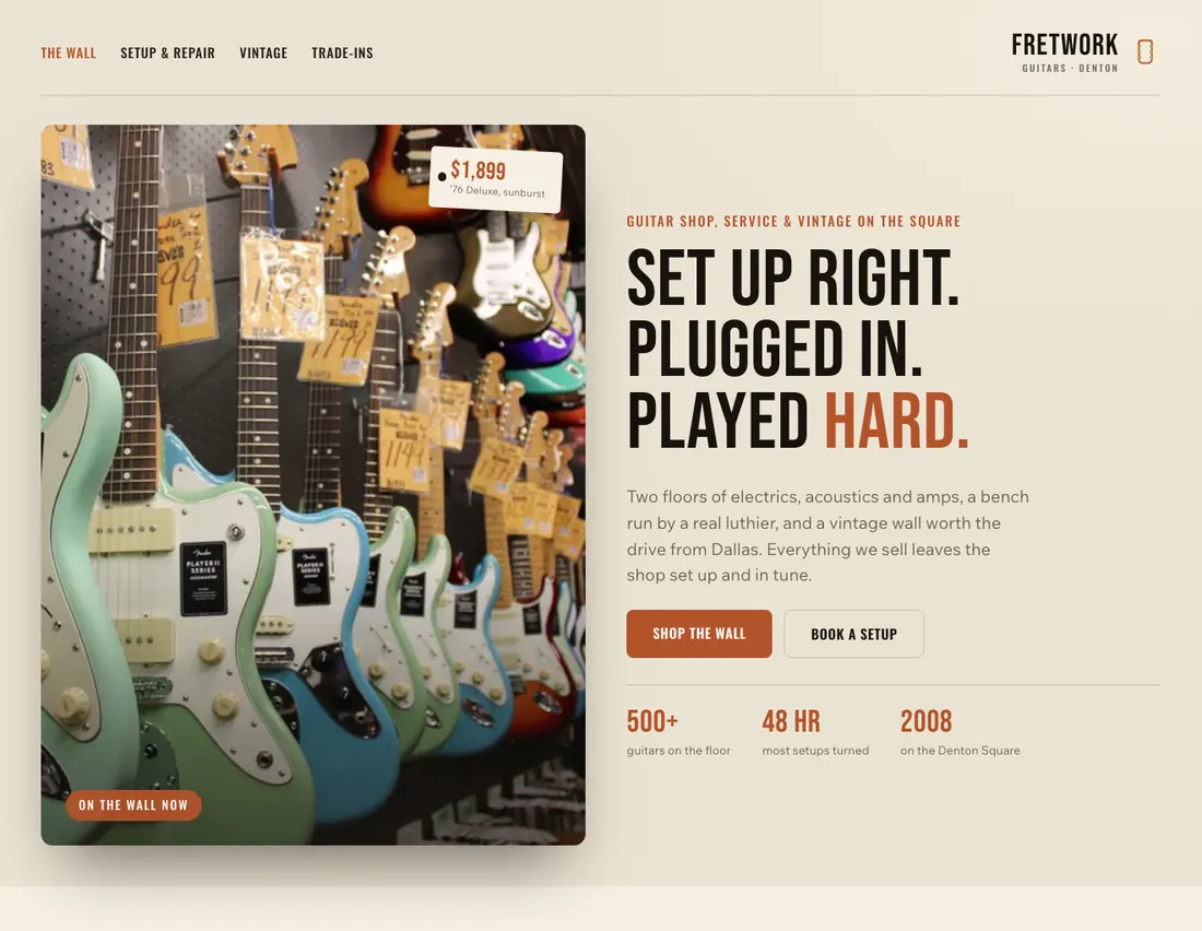 Home page of Fretwork, an example site for guitar shop & repair in Denton