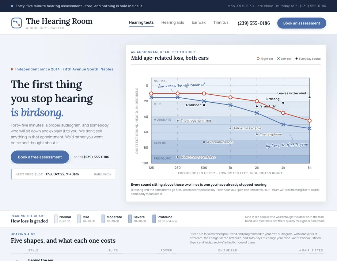 Home page of The Hearing Room, an example site for audiology & hearing care in Naples